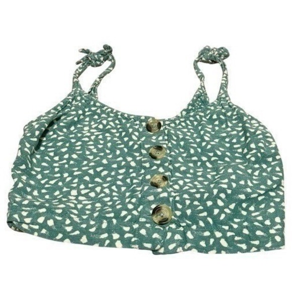 Rip Curl Linen Blend Ruched Crop Top Green Knotted Straps Button Front XS - Picture 2 of 10